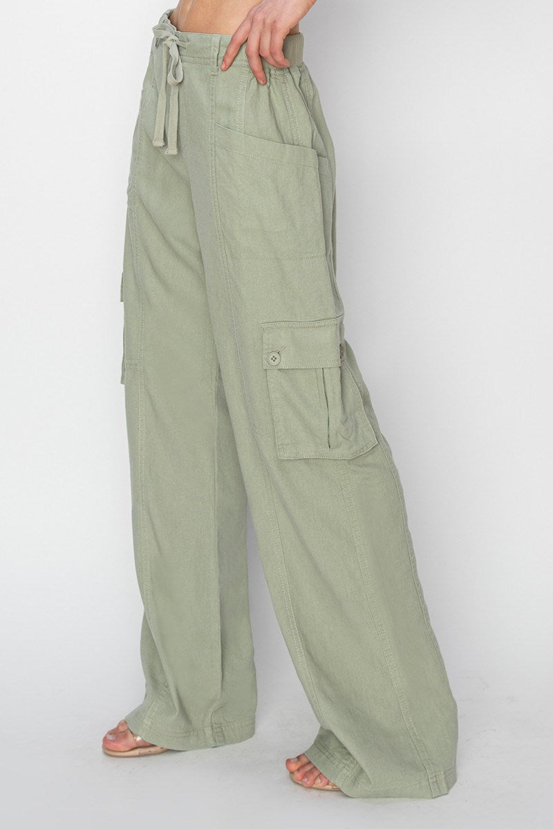 RISEN SAGE HIGH RISE LINEN WIDE CARGO PANTS