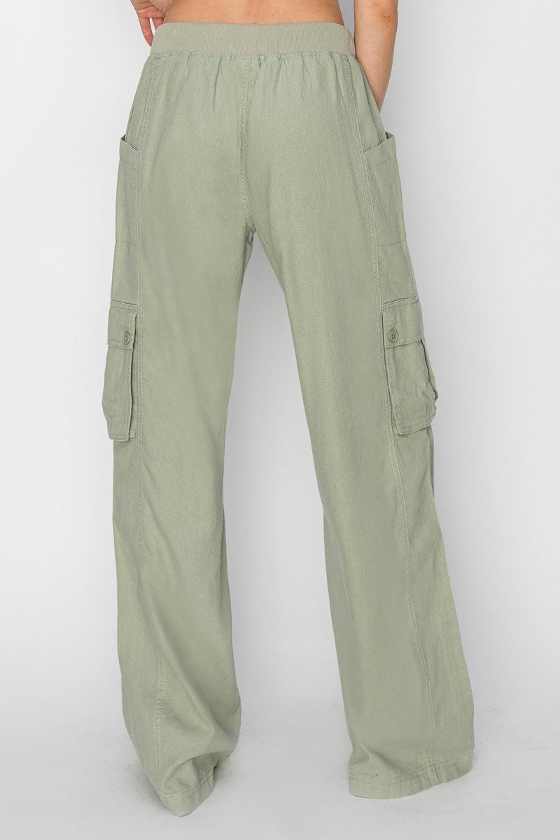 RISEN SAGE HIGH RISE LINEN WIDE CARGO PANTS