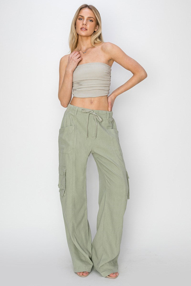RISEN SAGE HIGH RISE LINEN WIDE CARGO PANTS