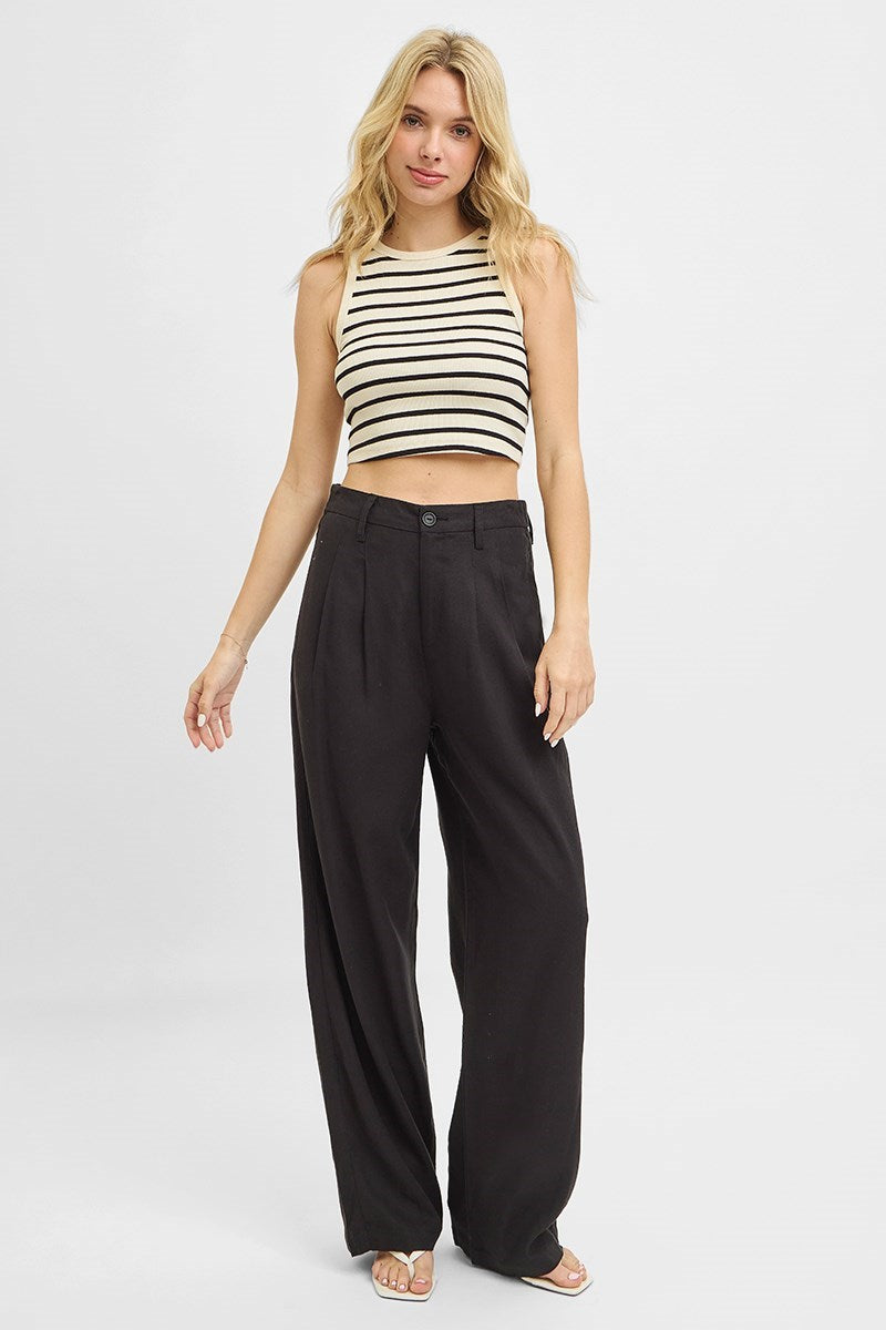 RISEN BLACK HIGH WAIST BAGGY LINEN PANTS