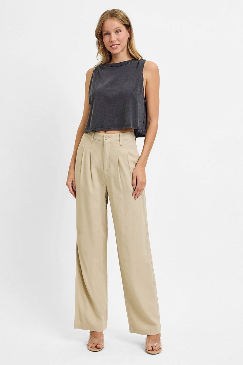 RISEN TAN HIGH WAIST BAGGY LINEN PANTS