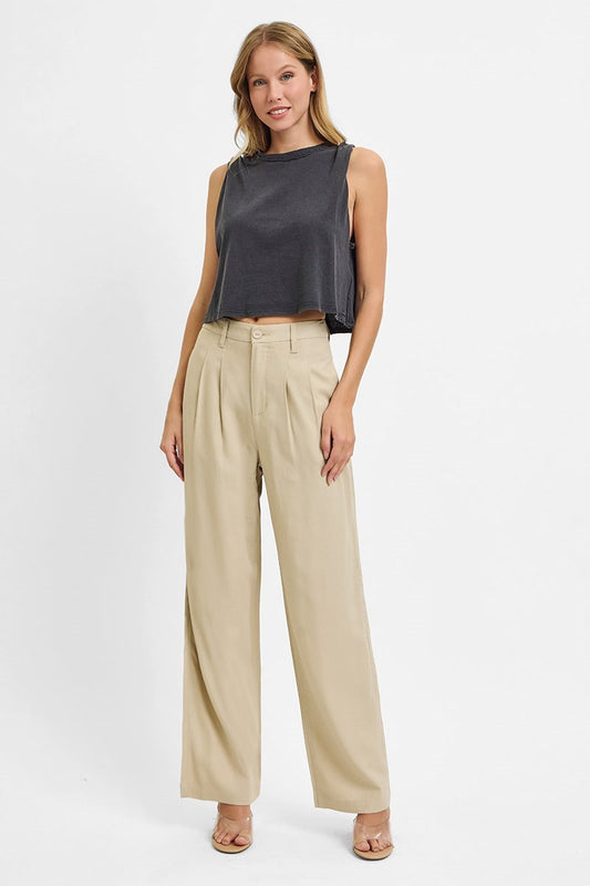 RISEN TAN HIGH WAIST BAGGY LINEN PANTS