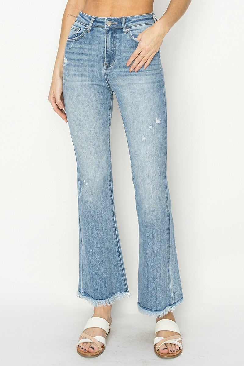 RISEN HIGH RISE VINTAGE FRAYED HEM BOOTCUT JEANS