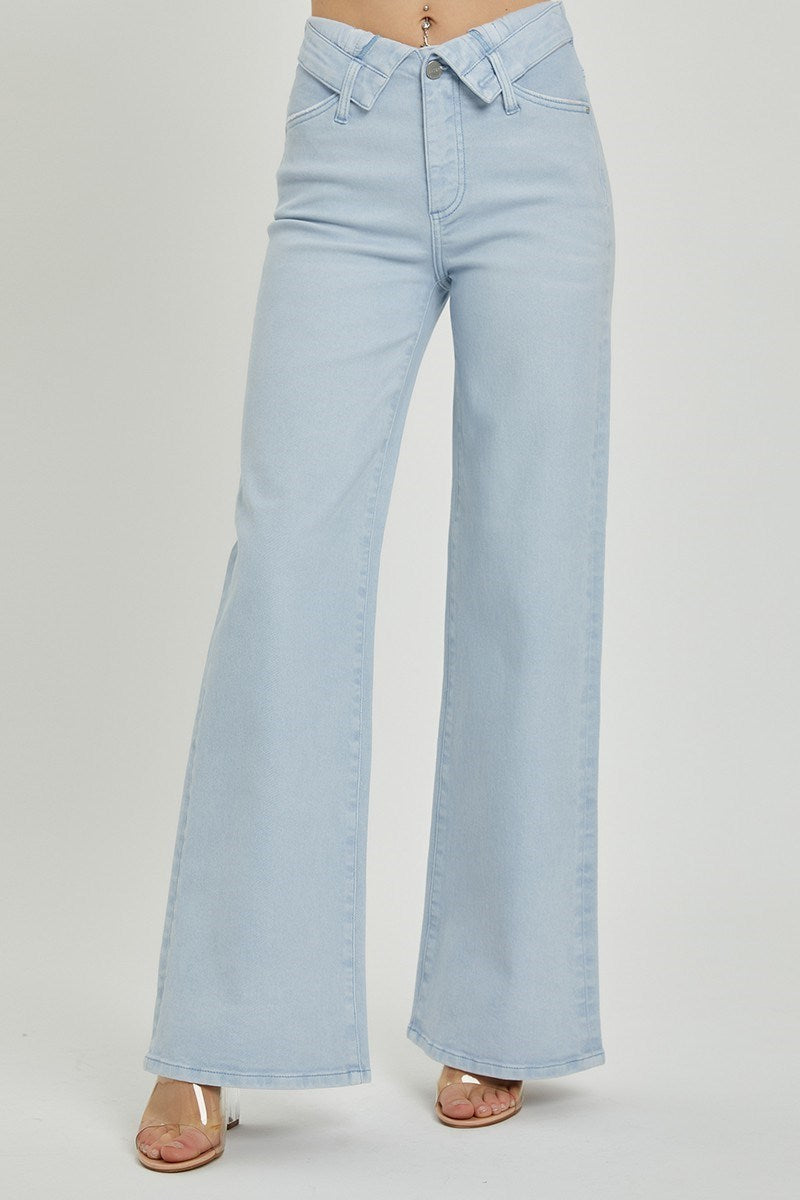RISEN ICE BLUE MID RISE FLAP SLIM WIDE LEG JEANS