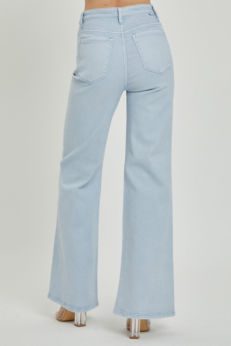 RISEN ICE BLUE MID RISE FLAP SLIM WIDE LEG JEANS