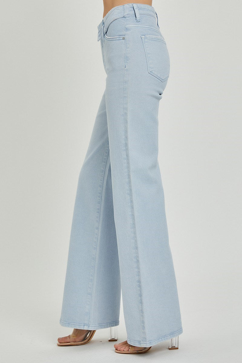RISEN ICE BLUE MID RISE FLAP SLIM WIDE LEG JEANS