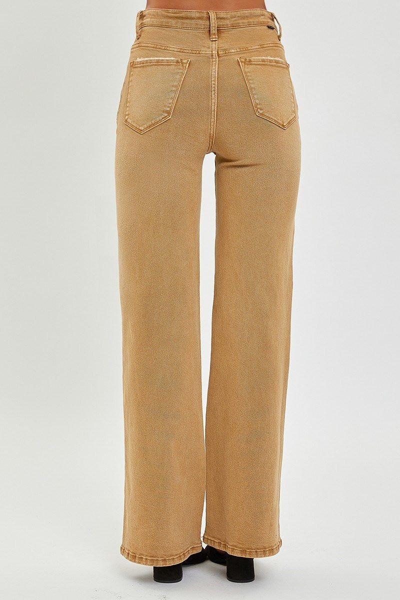 RISEN MOCHA MID RISE FLAP SLIM WIDE LEG JEANS