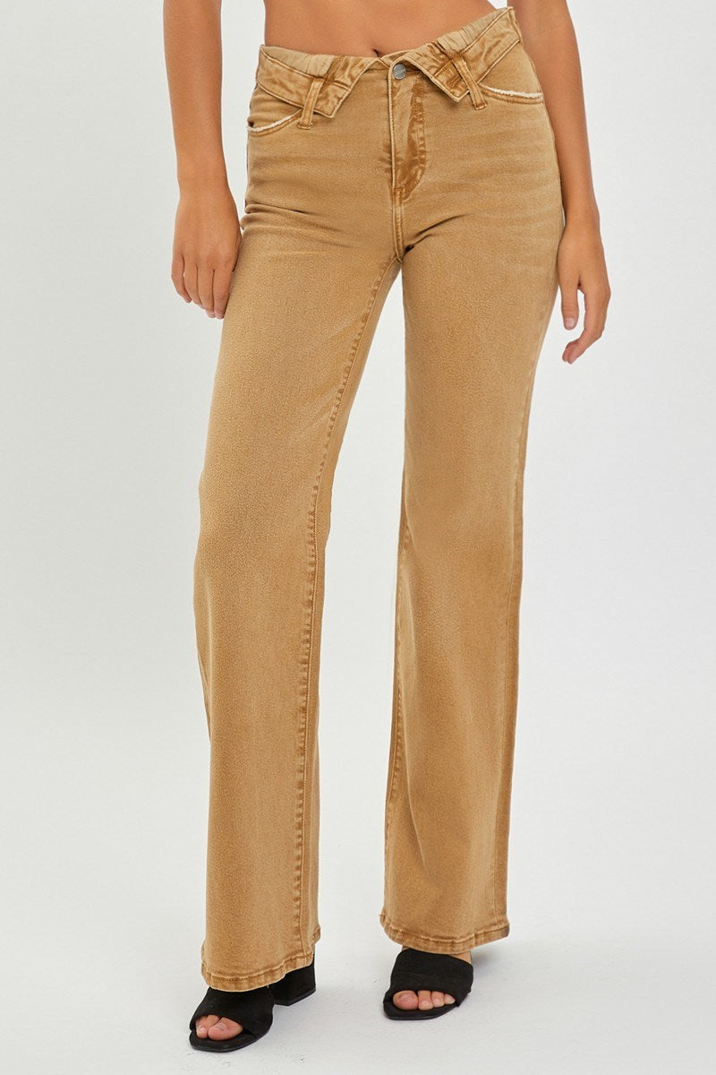 RISEN MOCHA MID RISE FLAP SLIM WIDE LEG JEANS