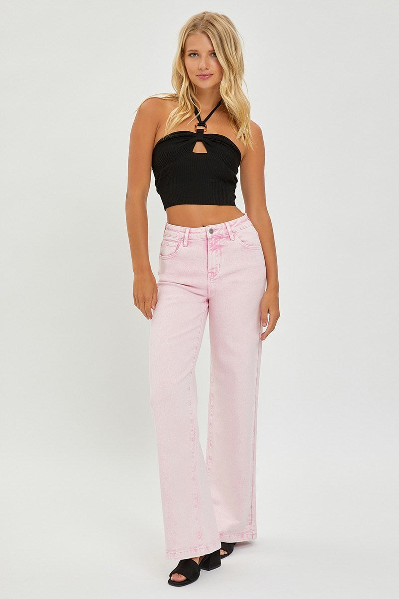 RISEN ACID WASH HIGH RISE TUMMY CONTROL WIDE PANTS