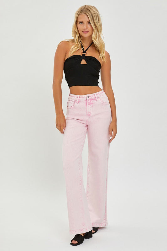 RISEN ACID WASH HIGH RISE TUMMY CONTROL WIDE PANTS