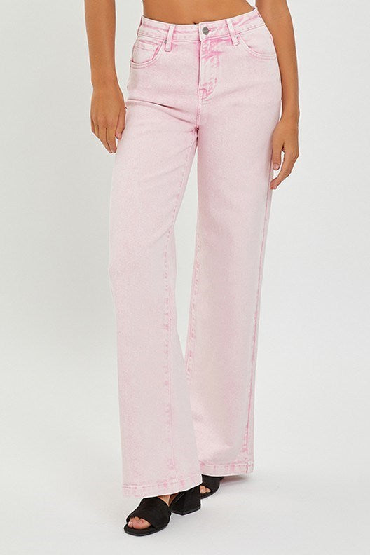 RISEN ACID WASH HIGH RISE TUMMY CONTROL WIDE PANTS