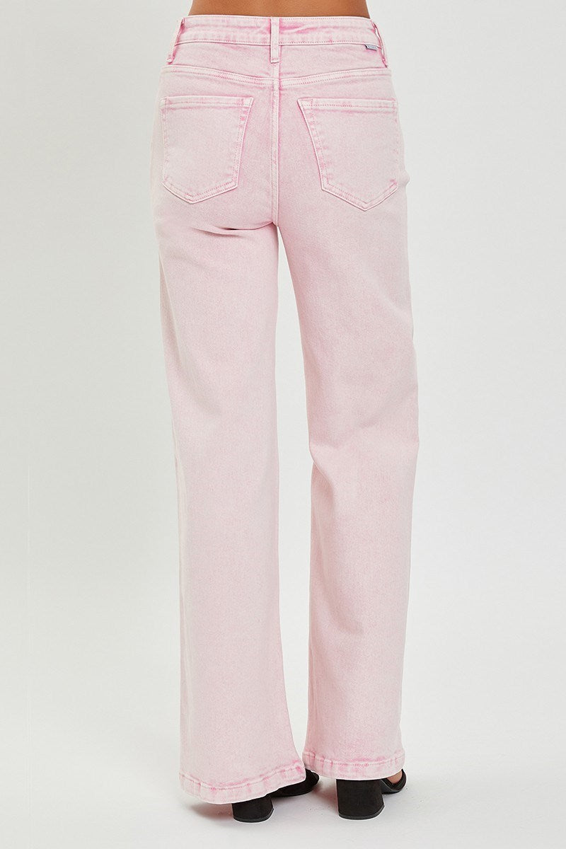 RISEN ACID WASH HIGH RISE TUMMY CONTROL WIDE PANTS