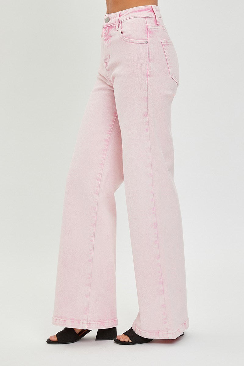 RISEN ACID WASH HIGH RISE TUMMY CONTROL WIDE PANTS