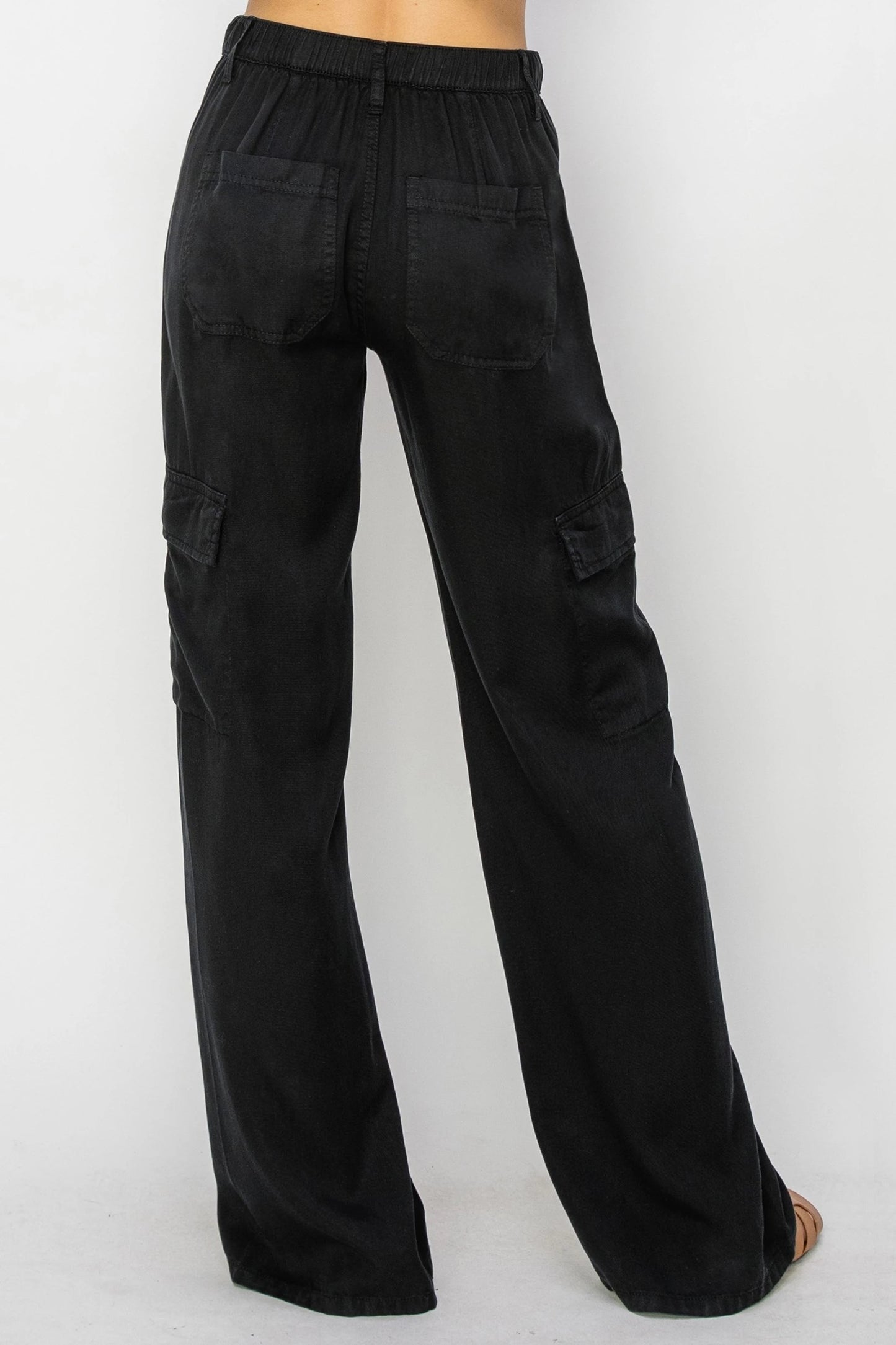 RISEN BLACK HIGH RISE WIDE CARGO TENCEL PANTS