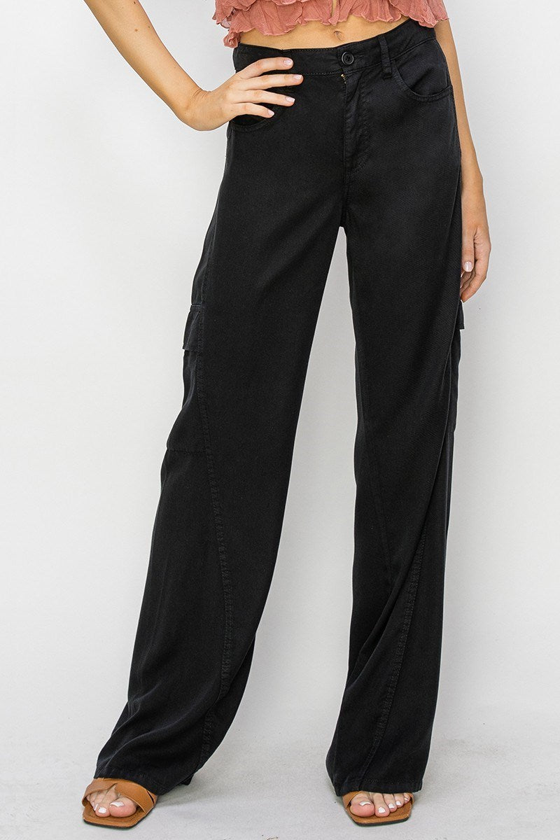 RISEN BLACK HIGH RISE WIDE CARGO TENCEL PANTS