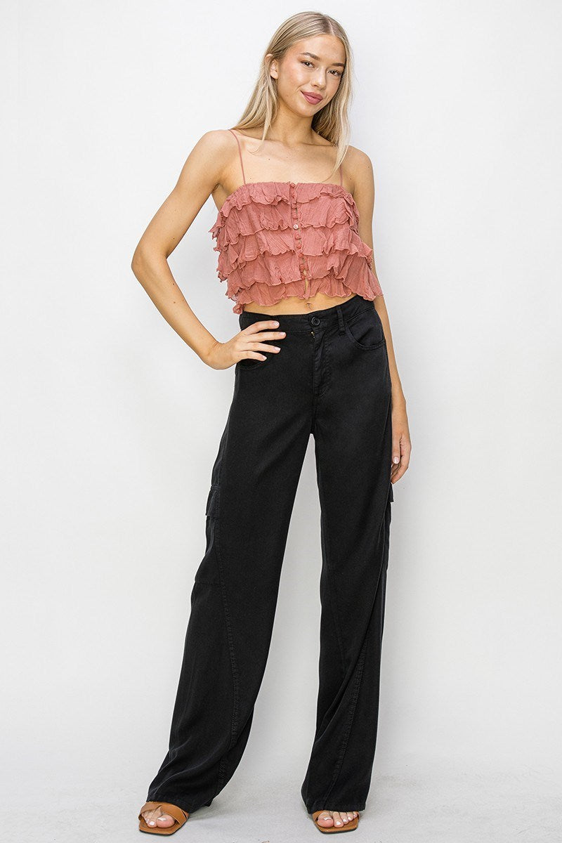 RISEN BLACK HIGH RISE WIDE CARGO TENCEL PANTS