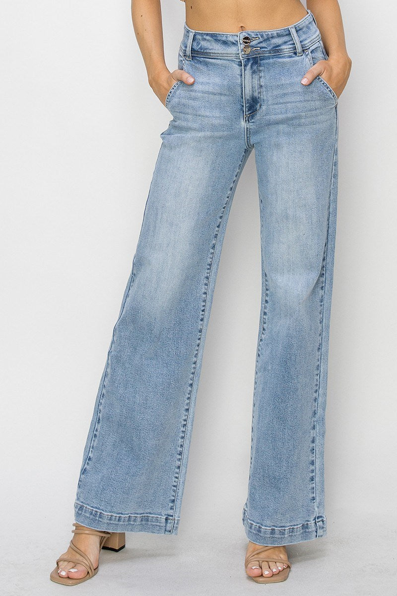 RISEN LIGHT HIGH RISE DOUBLE BUTTON WIDE JEANS