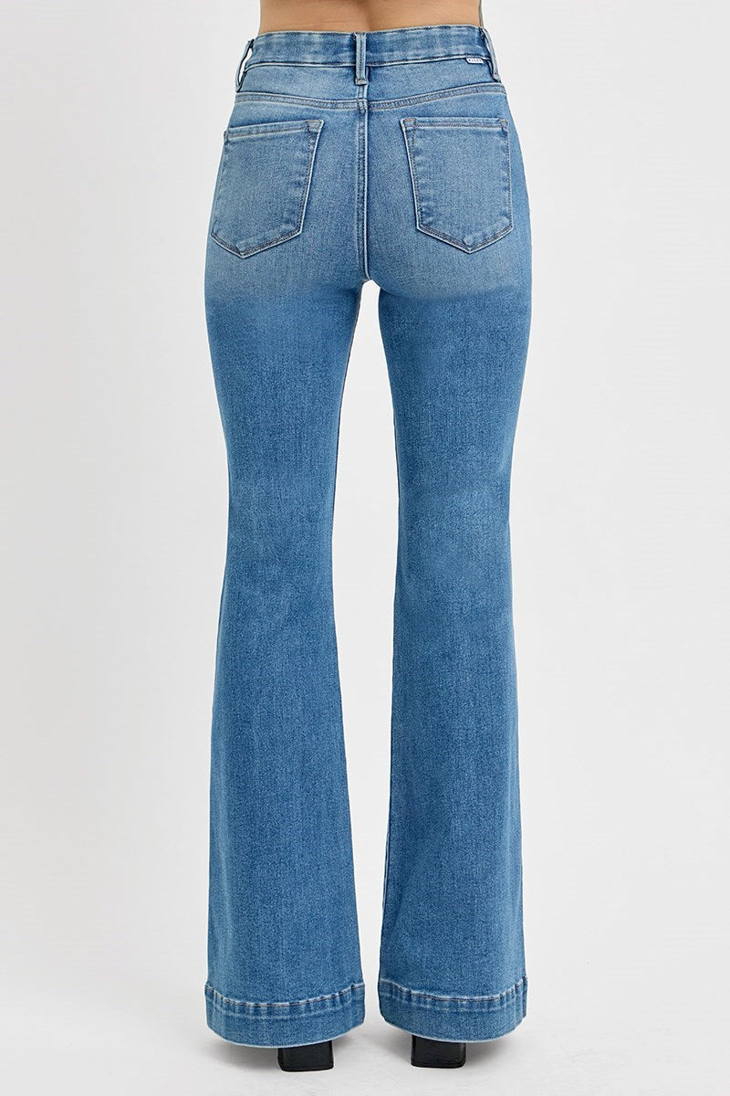 RISEN ELASTIC BAND HIGH RISE FLARE FRONT PATCH POCKET JEANS
