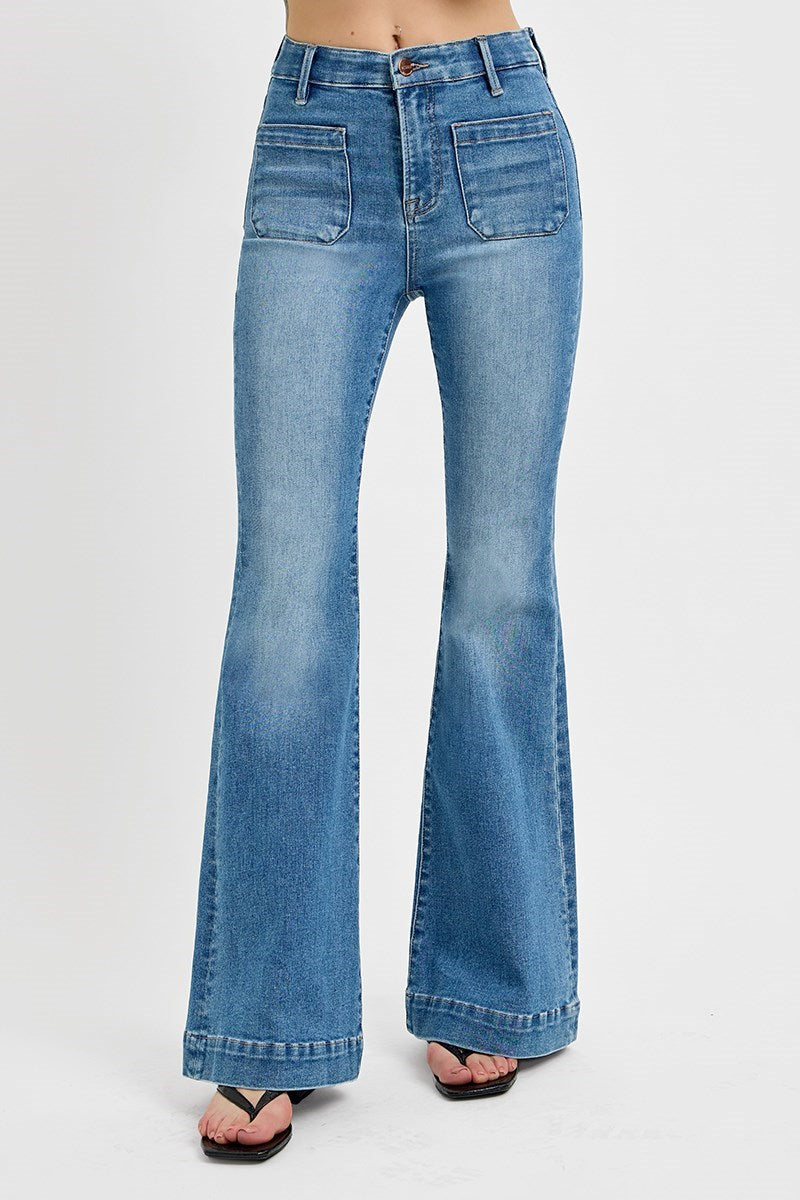 RISEN ELASTIC BAND HIGH RISE FLARE FRONT PATCH POCKET JEANS