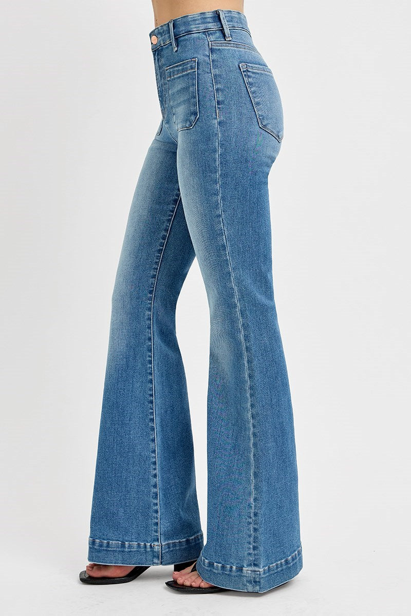 RISEN ELASTIC BAND HIGH RISE FLARE FRONT PATCH POCKET JEANS