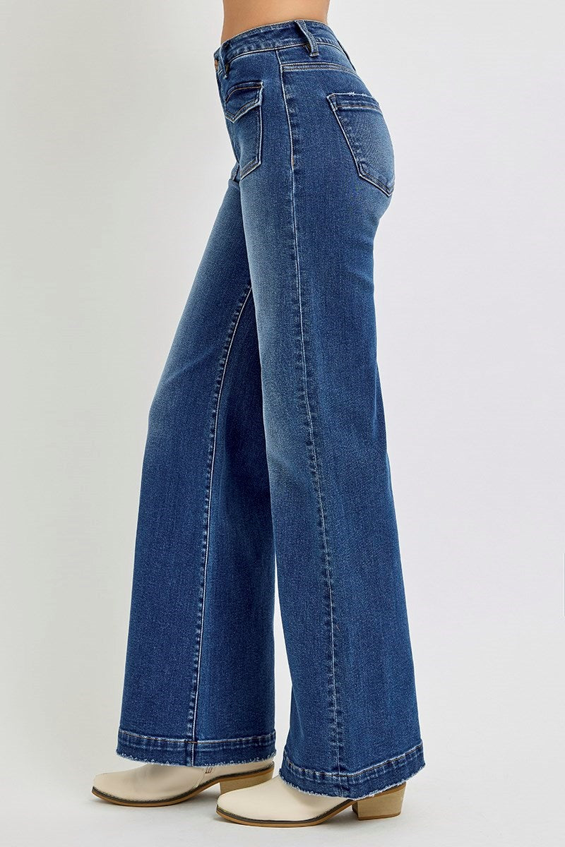 RISEN DARK HIGH RISE WIDE FRONT PATCH POCKET JEANS