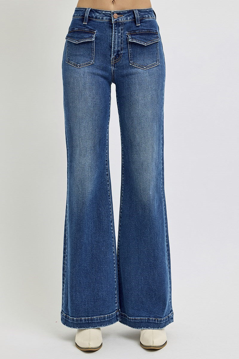 RISEN DARK HIGH RISE WIDE FRONT PATCH POCKET JEANS