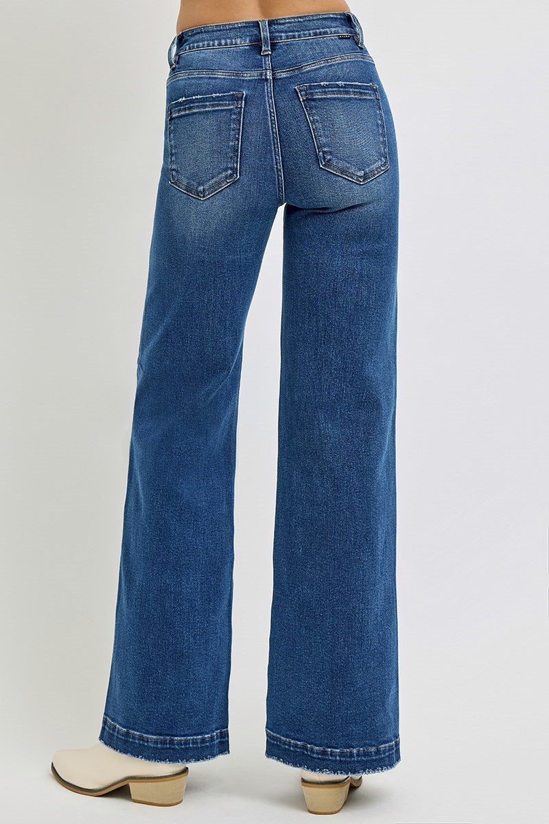 RISEN DARK HIGH RISE WIDE FRONT PATCH POCKET JEANS