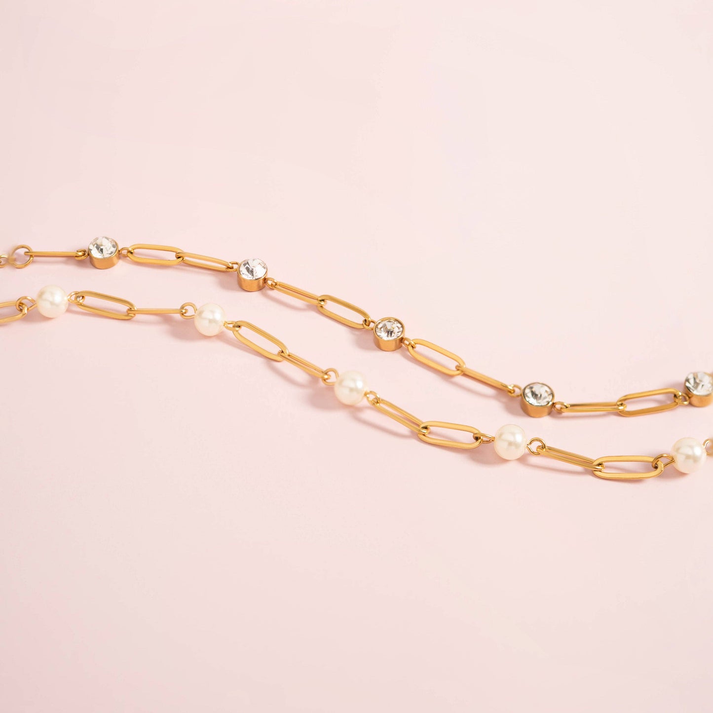 18K Gold PVD Steel Station Pearl Paperclip Chain Bracelet