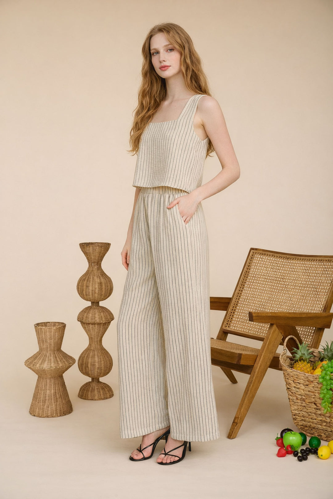 PINSTRIPE SLEEVELESS TANK AND WIDE LEG PANT SET