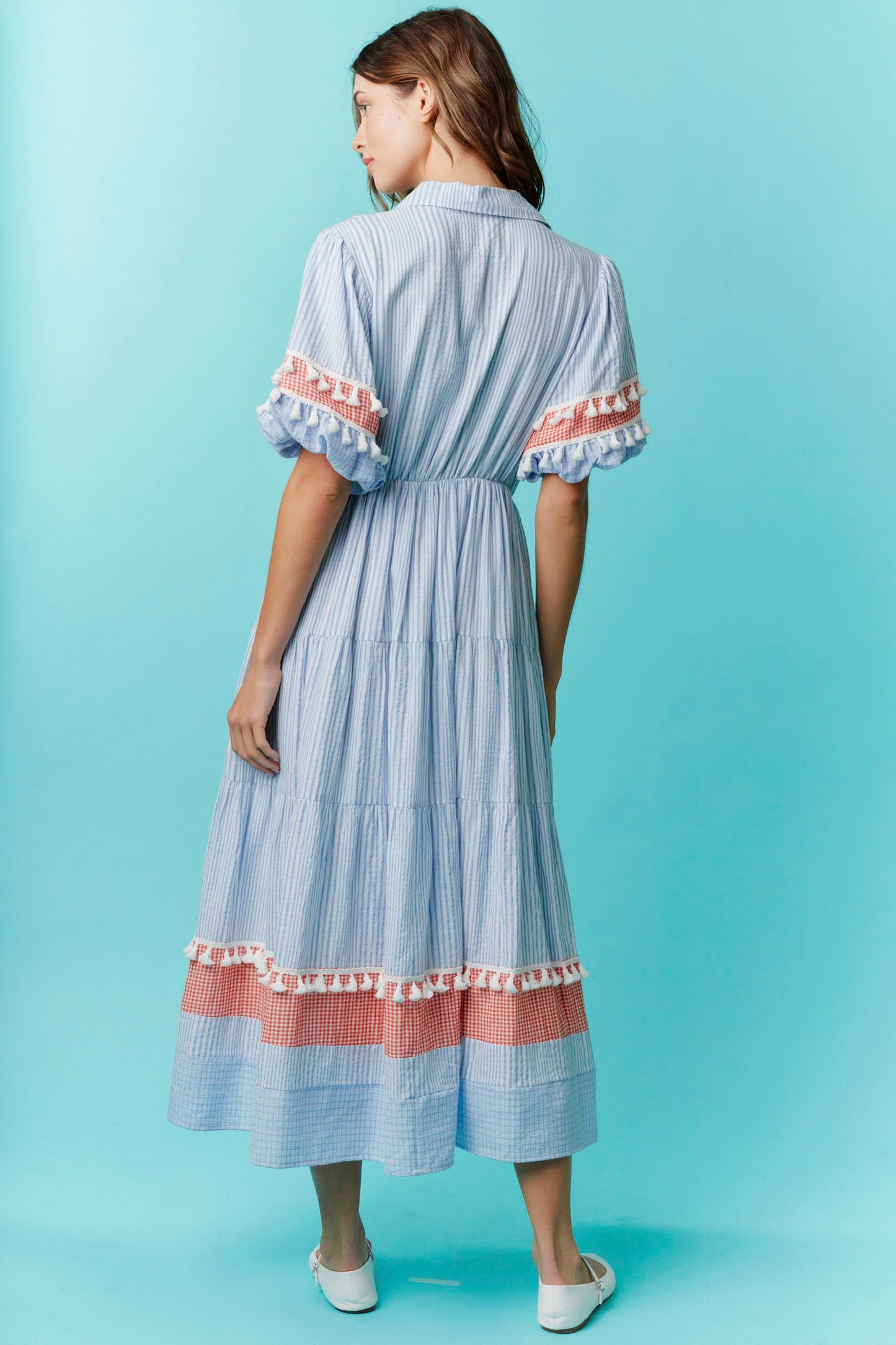 Gingham and Stripe Shirt Midi Dress