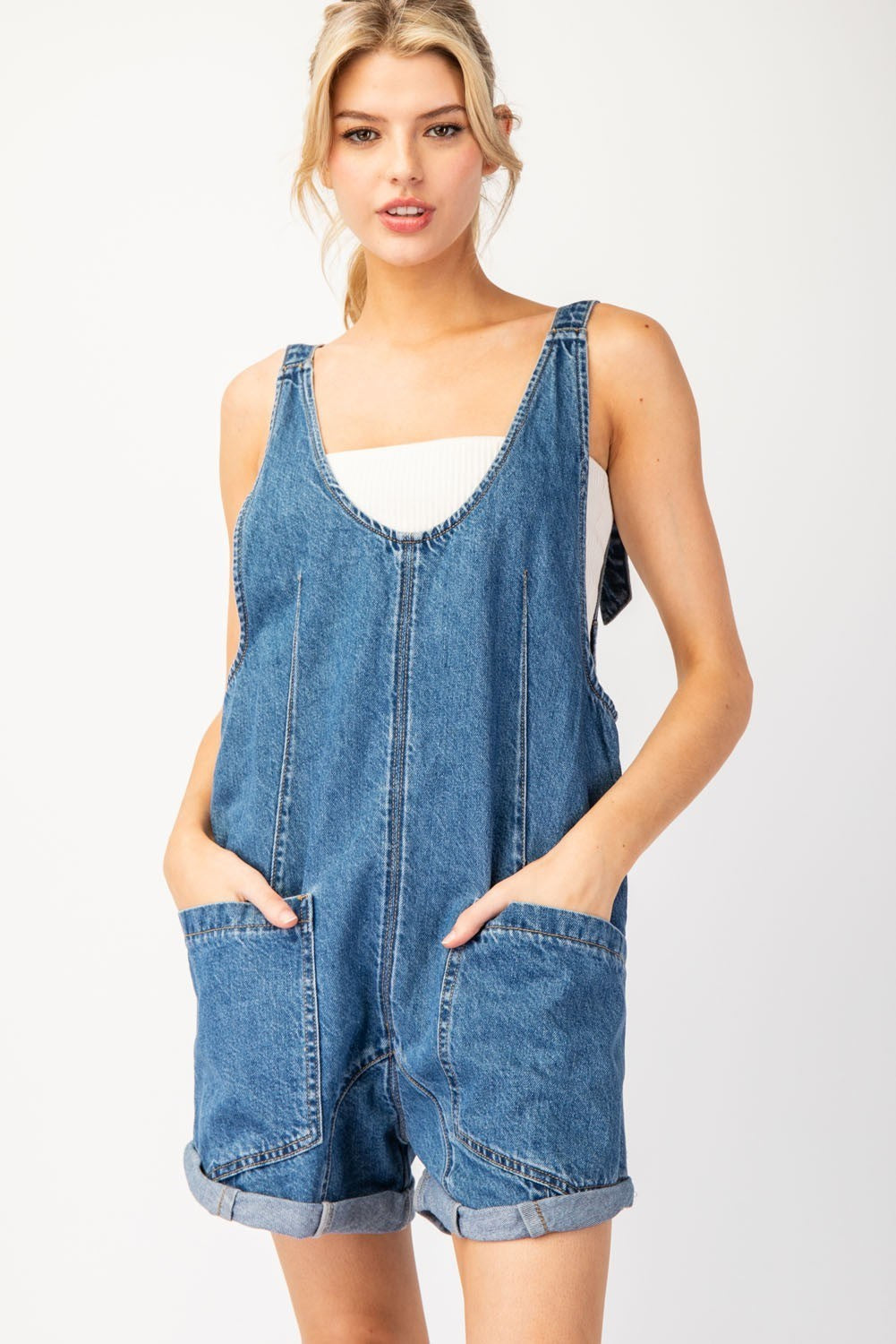 Mineral Washed Denim Sleeveless Romper
