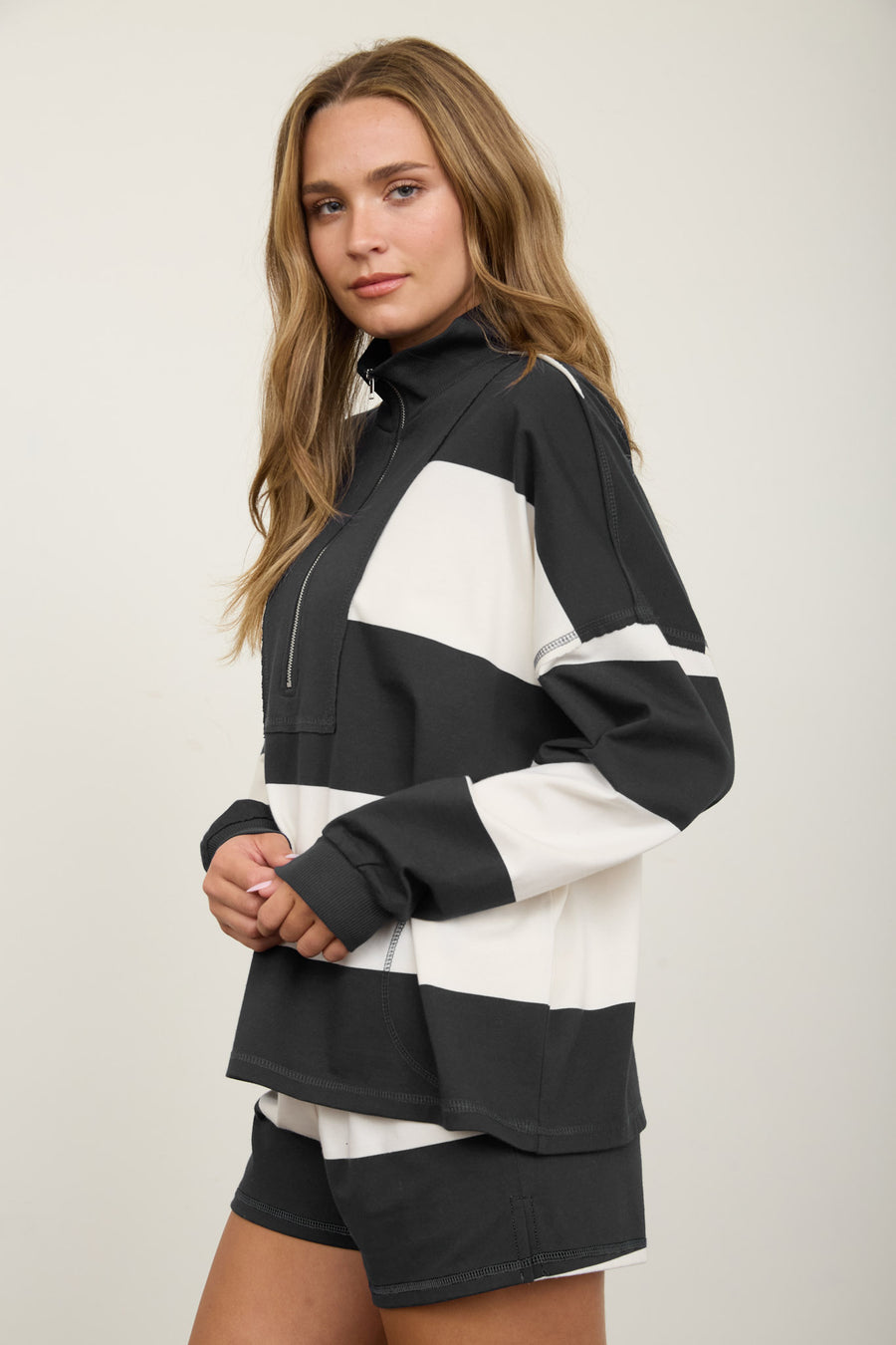 CHARCOAL AND NAVY WIDE STRIPE HALF ZIP LONG SLEEVE KNIT TOP