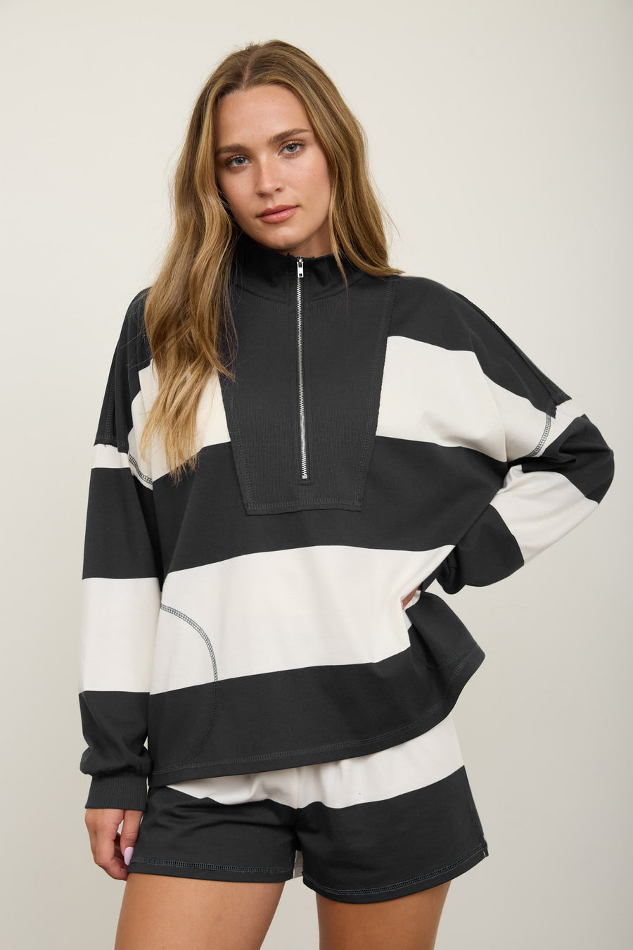 CHARCOAL AND NAVY WIDE STRIPE HALF ZIP LONG SLEEVE KNIT TOP