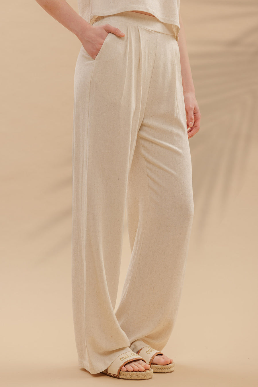 OATMEAL LINEN SHORT FOLD SLEEVE BOXY CUT TOP AND HIGH WAIST WIDE LEG PLEATED LINEN PANTS