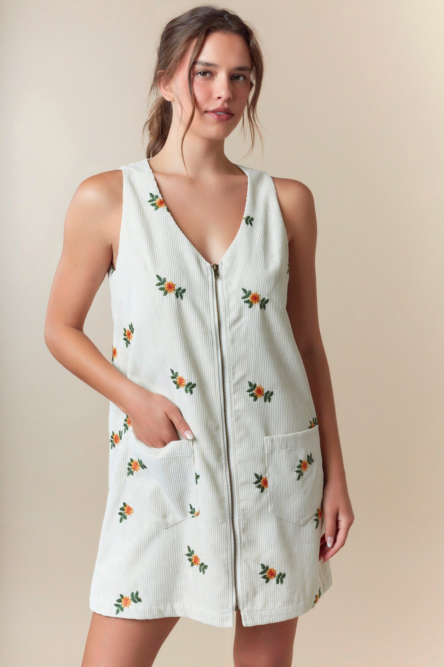 Embroidered Corduroy Line Dress