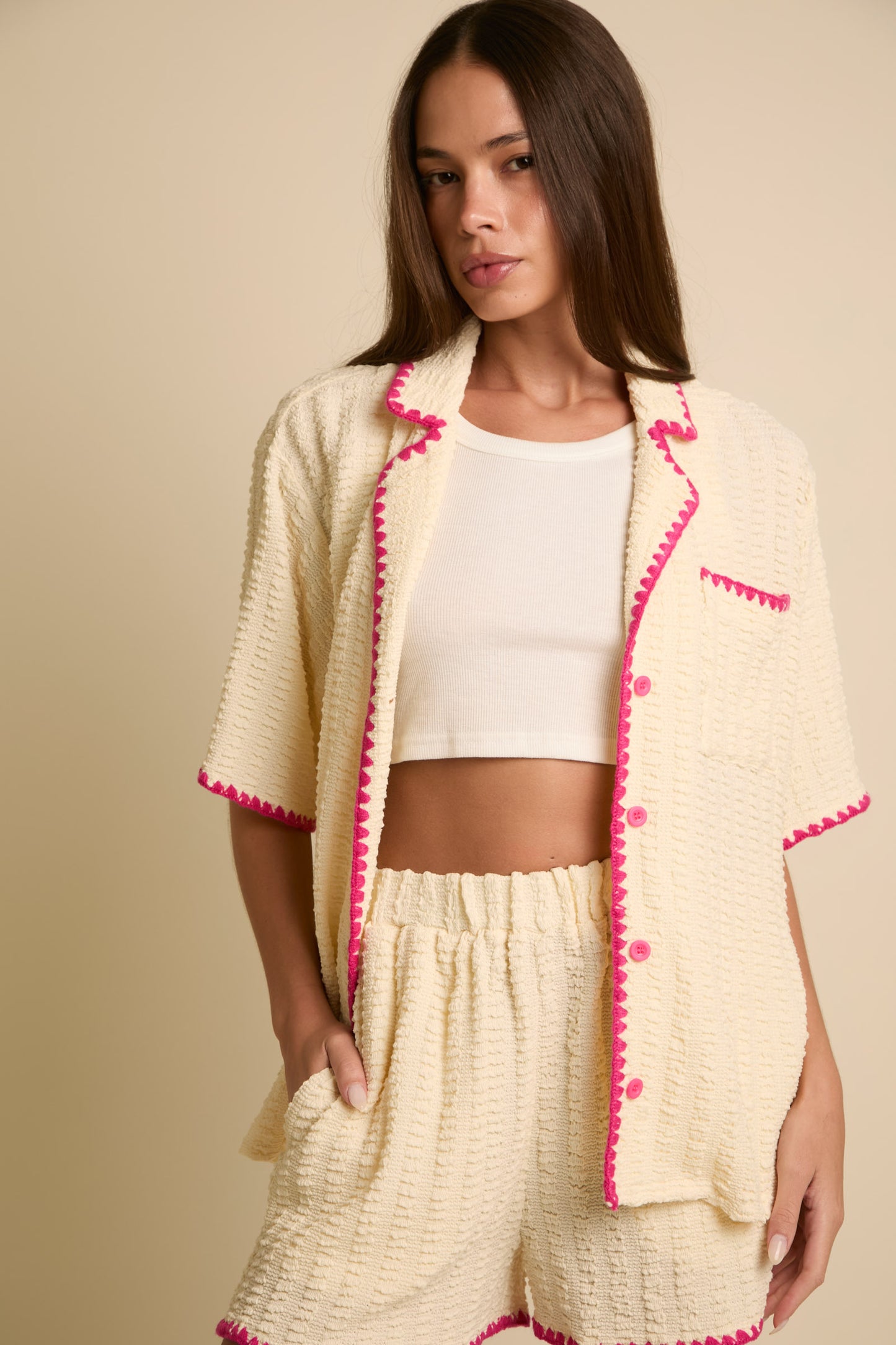 White and Pink Collared Set