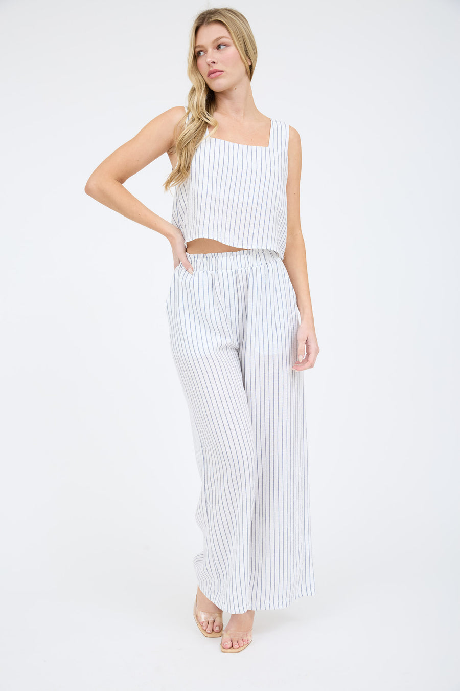 PINSTRIPE SLEEVELESS TANK AND WIDE LEG PANT SET