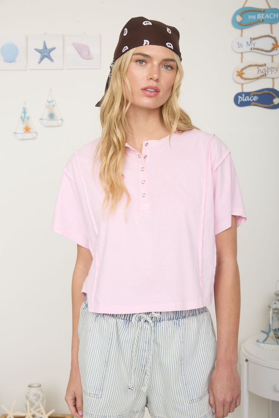 Boxy Fit Henley Short Sleeve Knit Top