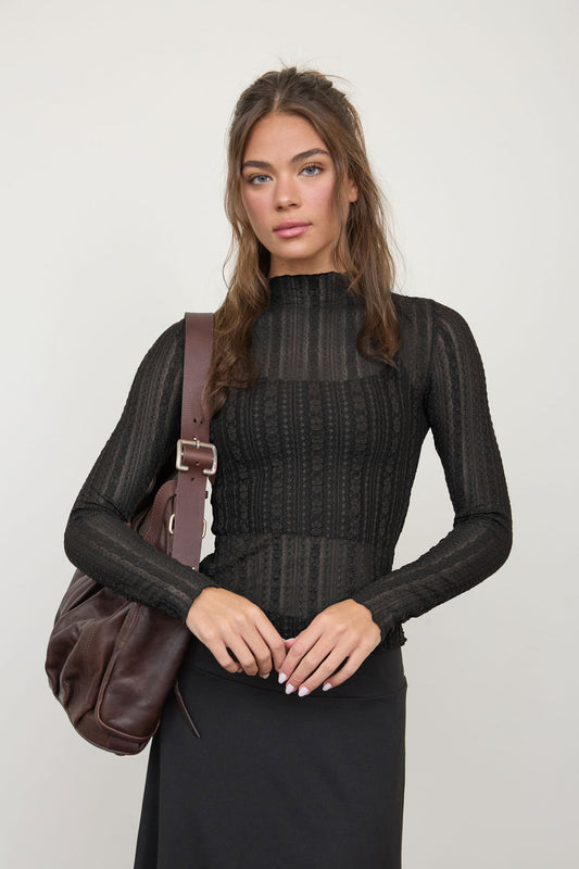 STRIPE LACE SHEER PATTERN LONG SLEEVE KNIT TOP