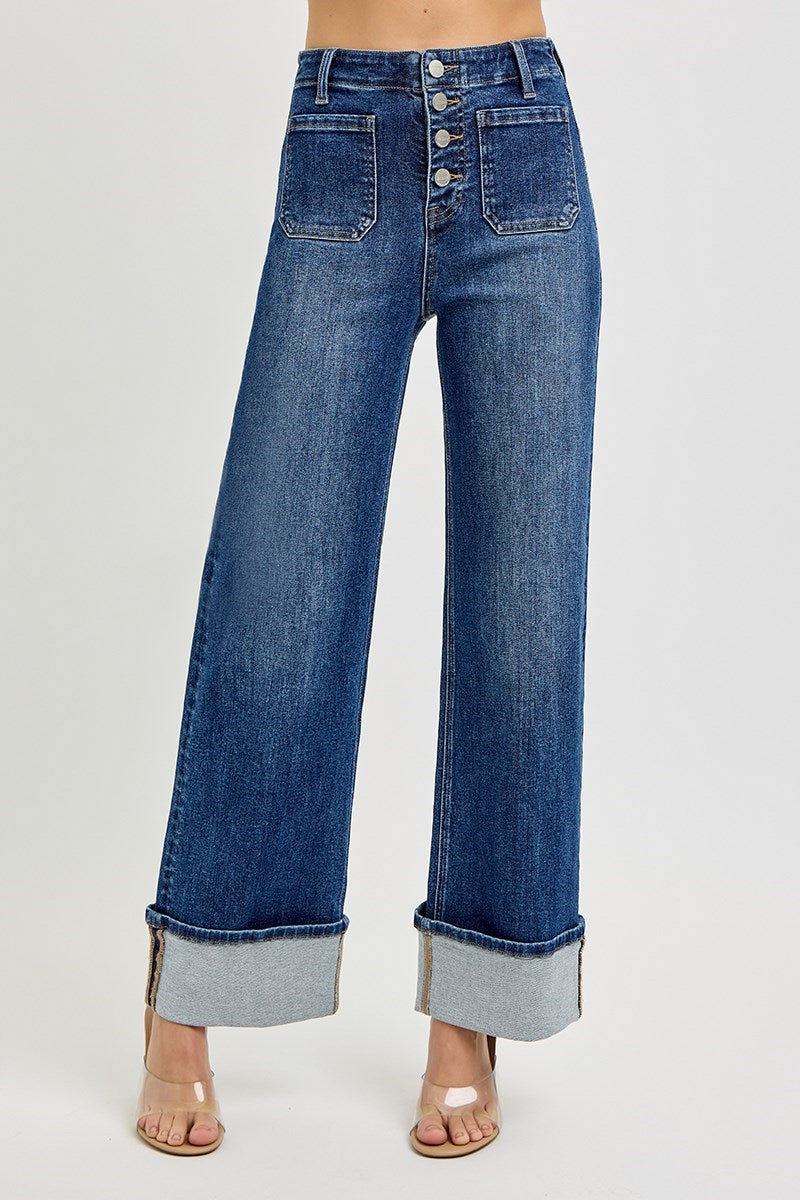 DARK HIGH RISE ANKLE WIDE BUTTON DOWN FRONT PATCH POCKET CUFFED JEANS