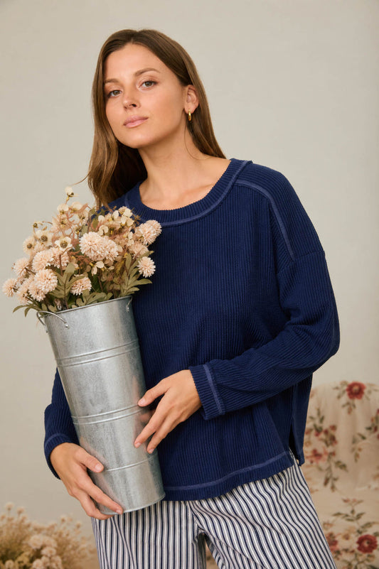 NAVY CREW NECK RIBBED LONG SLEEVE KNIT TOP