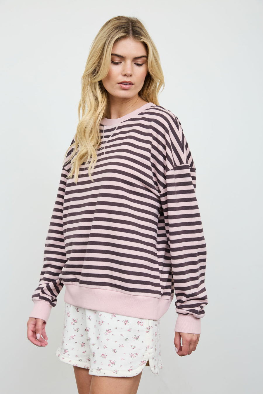 STRIPE V STITCH DETAIL LONG SLEEVE KNIT TOP