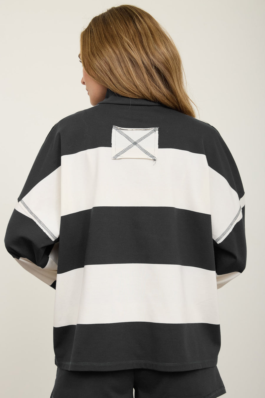 CHARCOAL AND NAVY WIDE STRIPE HALF ZIP LONG SLEEVE KNIT TOP