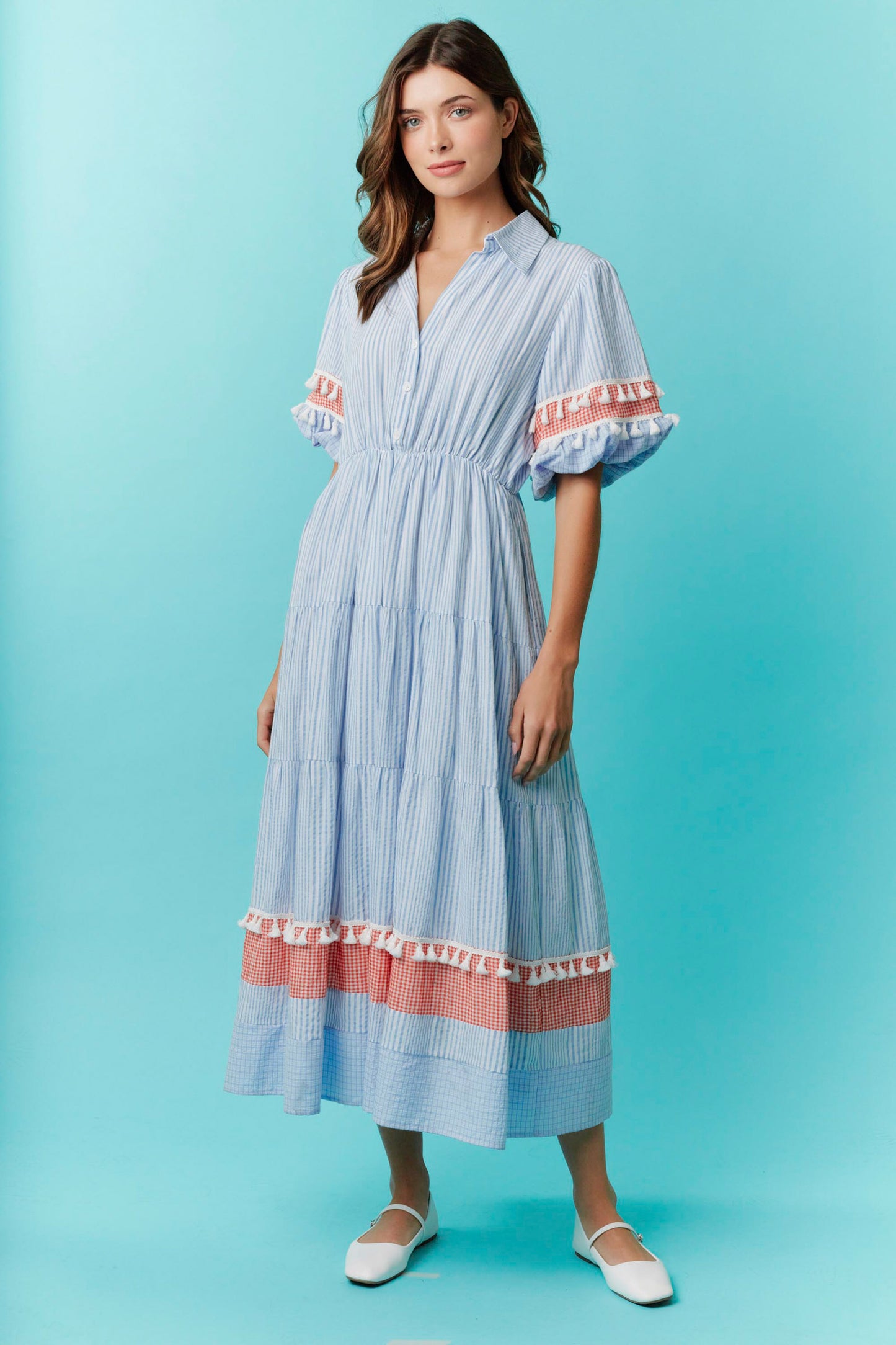 Gingham and Stripe Shirt Midi Dress
