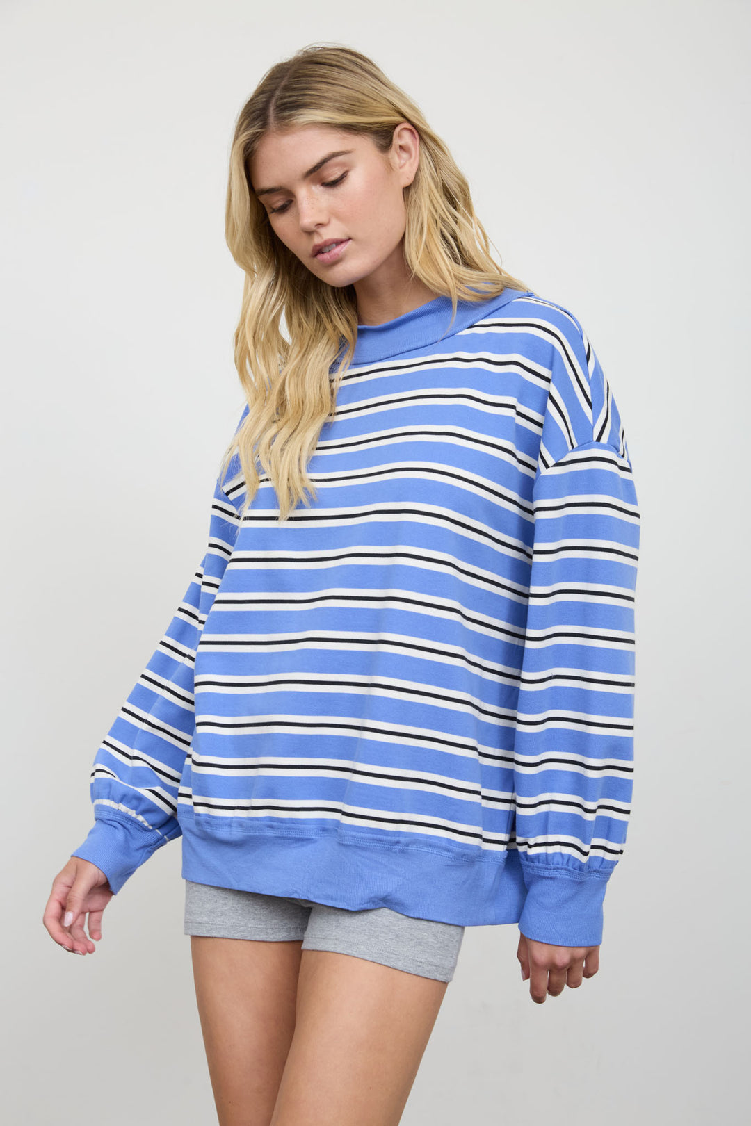 BLUE CONTRAST WIDE NECK LONG SLEEVE STRIPE KNIT TOP