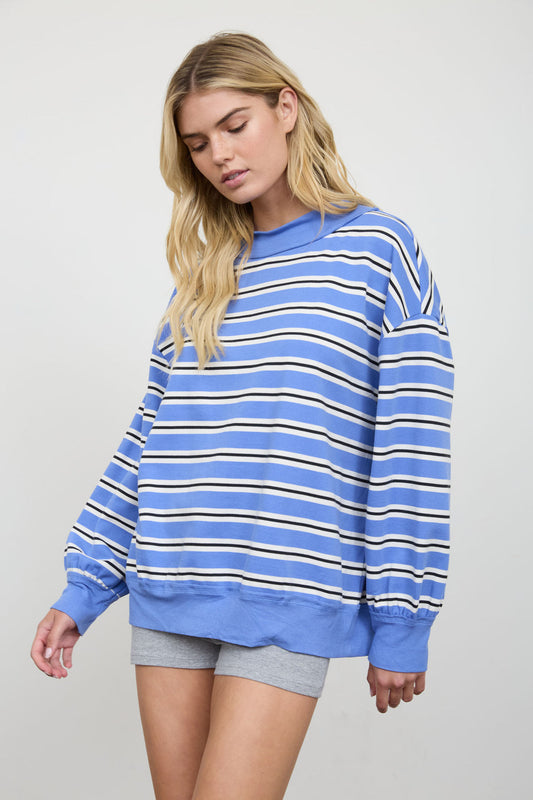 BLUE CONTRAST WIDE NECK LONG SLEEVE STRIPE KNIT TOP