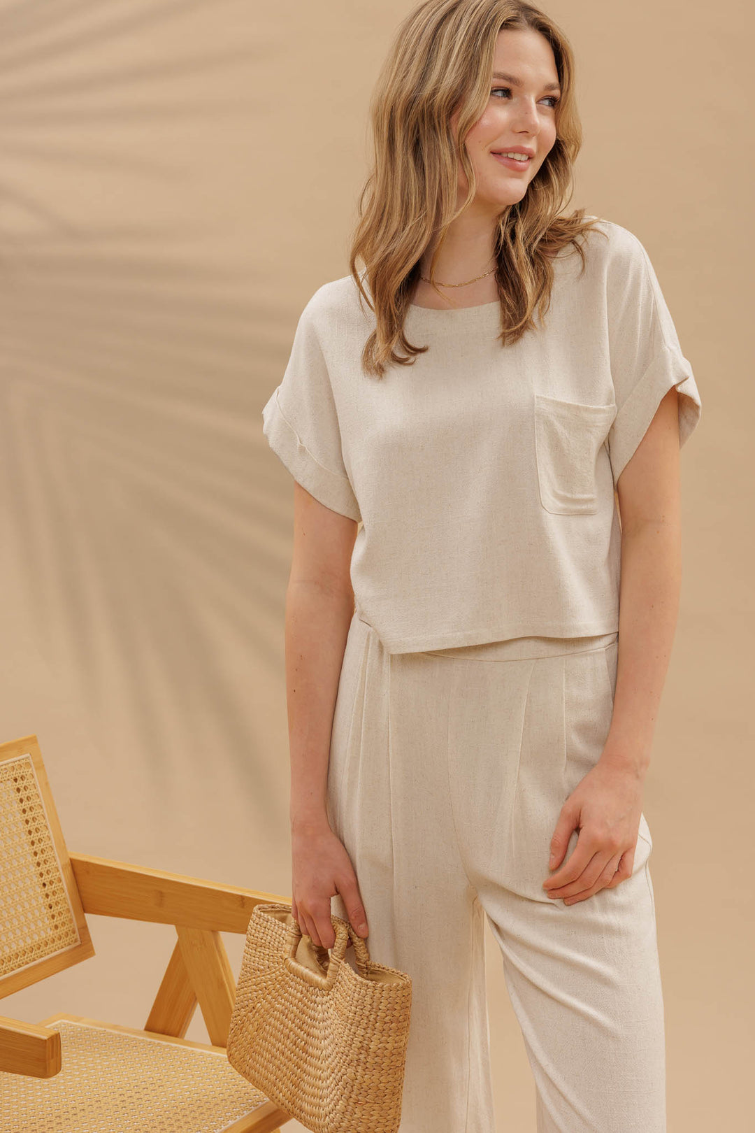 OATMEAL LINEN SHORT FOLD SLEEVE BOXY CUT TOP AND HIGH WAIST WIDE LEG PLEATED LINEN PANTS
