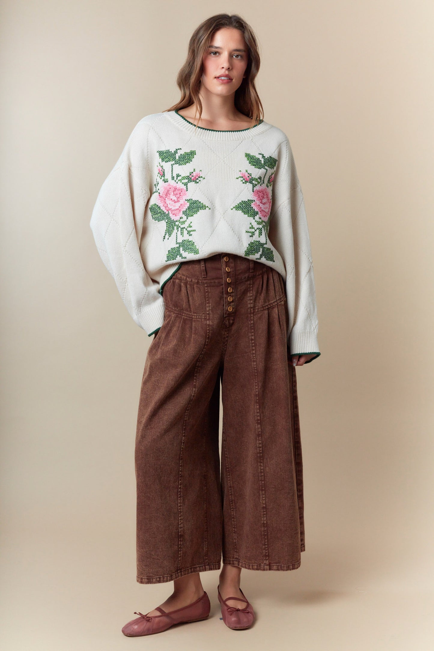 Twill Front Pleated Wide Leg Pants