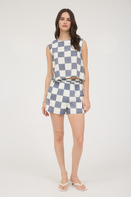 NAVY CHECKERED LINEN SHORTS AND TOP