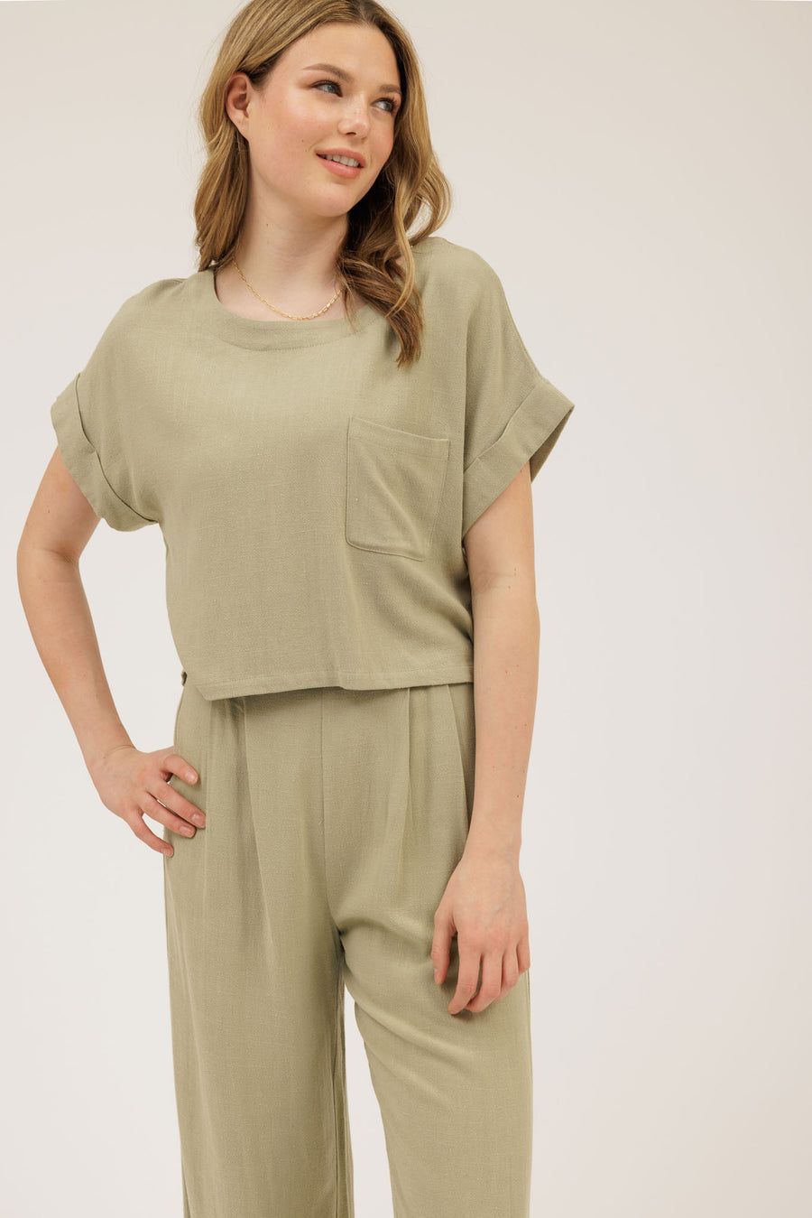 OLIVE LINEN SHORT FOLD SLEEVE BOXY CUT TOP AND HIGH WAIST WIDE LEG PLEATED LINEN PANTS